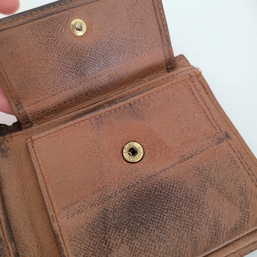 Louis Vuitton Monogram Bifold Wallet Brown Coated Canvas Coin Pocket Vintage